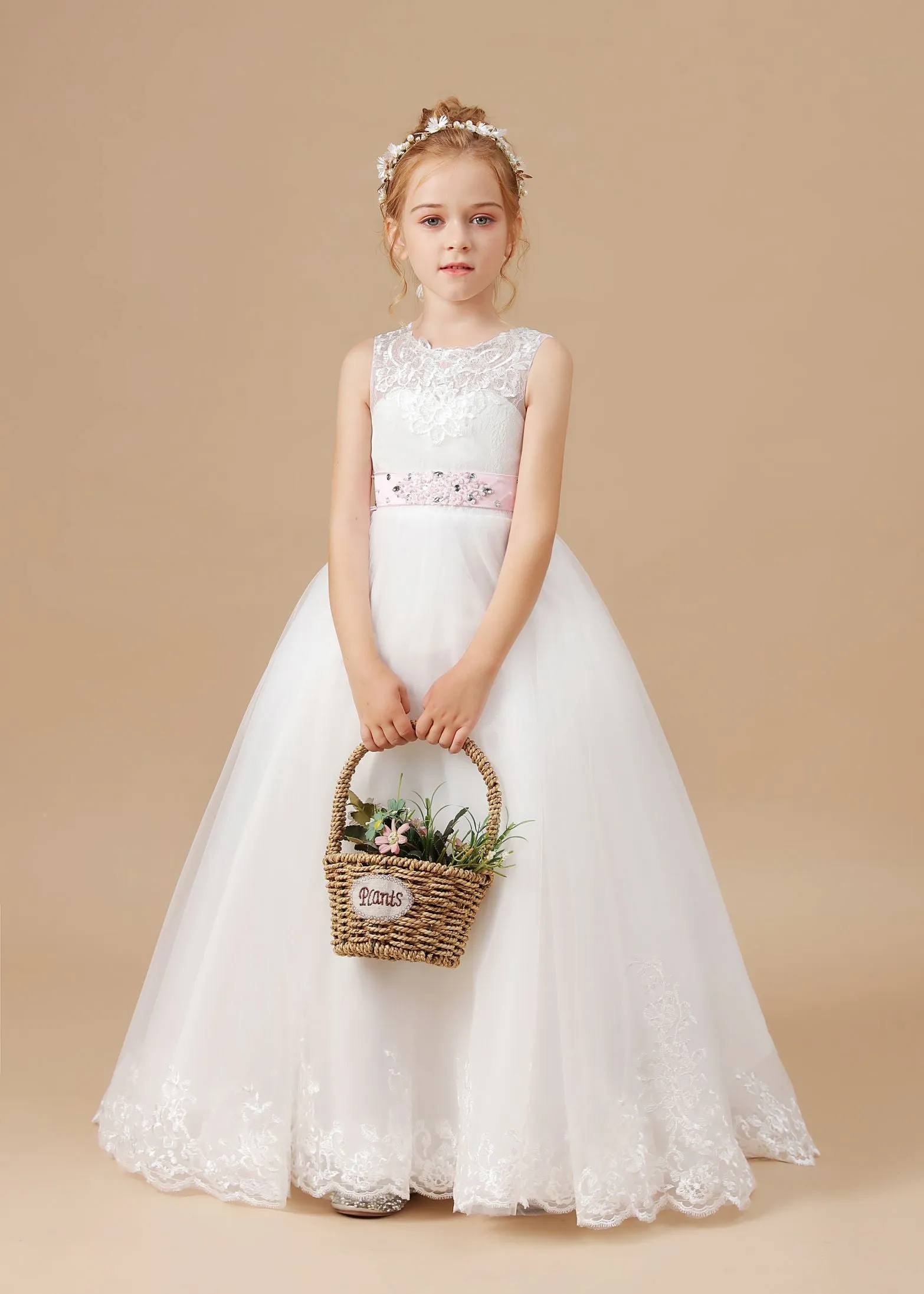 Floor-length Sleevelesss Lace Tulle Satin Flower Girl Dresses With Pink Bowknot Sash