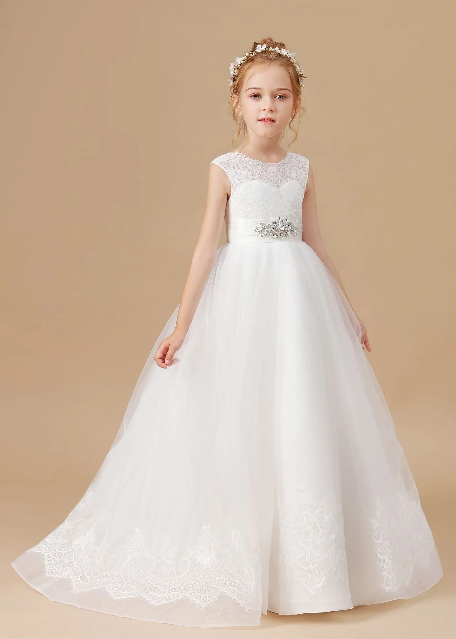 Floor-length Sleevelesss Lace Tulle Satin Flower Girl Dresses