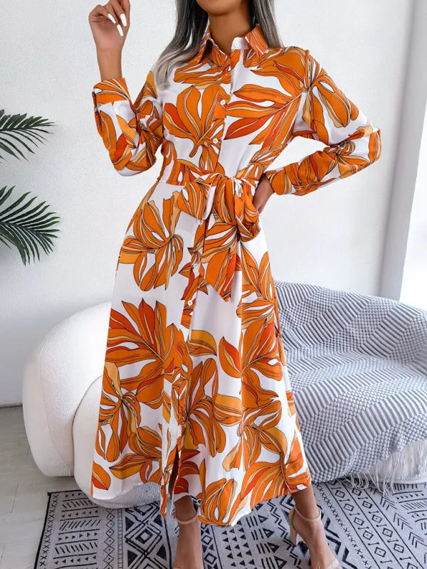 Floral Print Shirt Dress with Tie Waist and Lapel Collar
