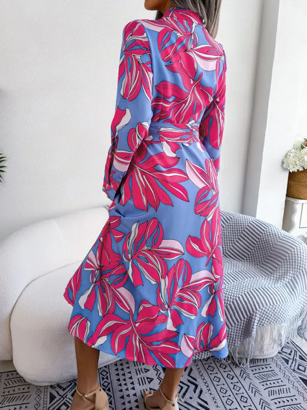 Floral Print Shirt Dress with Tie Waist and Lapel Collar