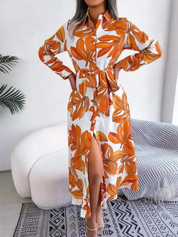 Floral Print Shirt Dress with Tie Waist and Lapel Collar