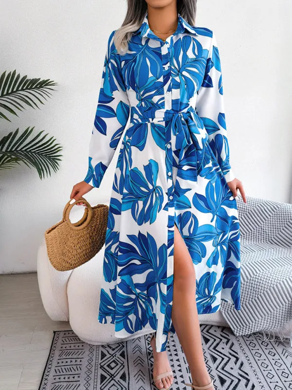 Floral Print Shirt Dress with Tie Waist and Lapel Collar