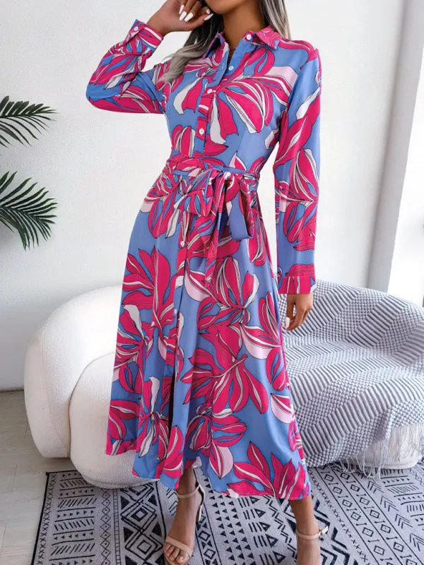 Floral Print Shirt Dress with Tie Waist and Lapel Collar
