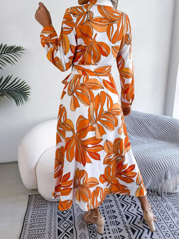 Floral Print Shirt Dress with Tie Waist and Lapel Collar