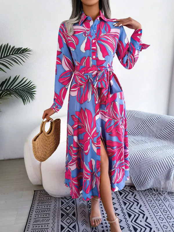 Floral Print Shirt Dress with Tie Waist and Lapel Collar