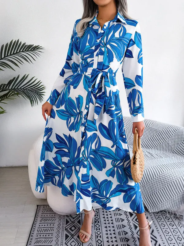 Floral Print Shirt Dress with Tie Waist and Lapel Collar