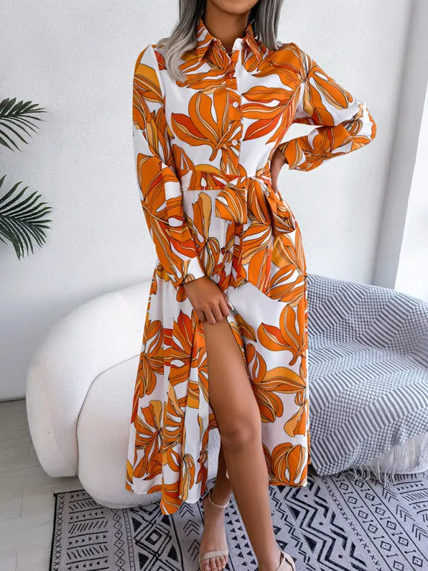 Floral Print Shirt Dress with Tie Waist and Lapel Collar