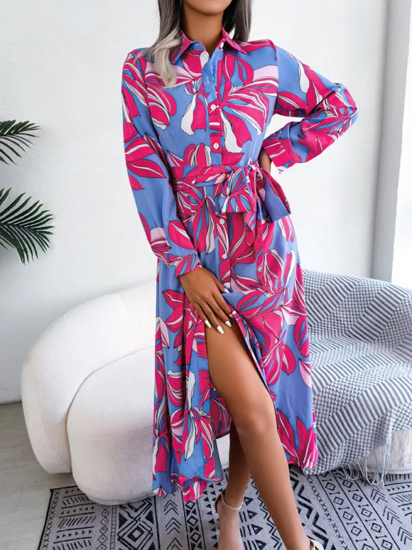 Floral Print Shirt Dress with Tie Waist and Lapel Collar