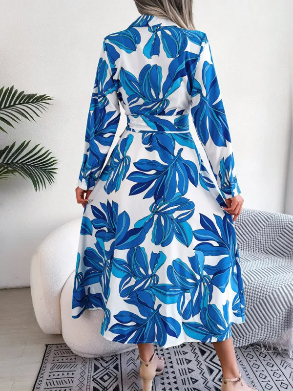 Floral Print Shirt Dress with Tie Waist and Lapel Collar