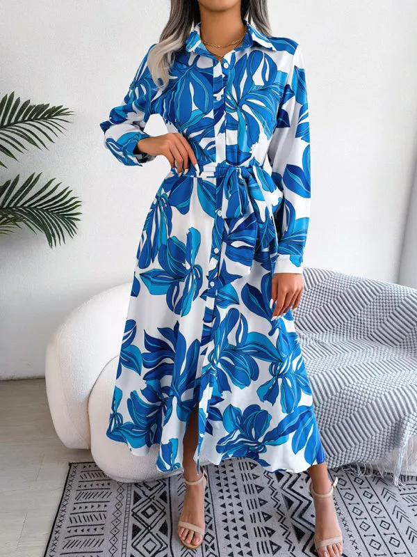 Floral Print Shirt Dress with Tie Waist and Lapel Collar