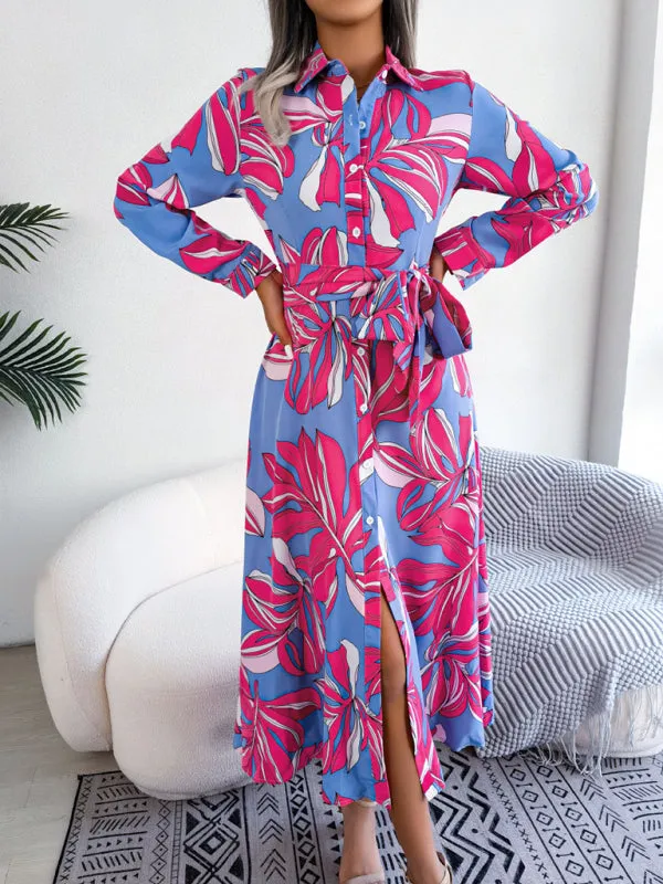 Floral Print Shirt Dress with Tie Waist and Lapel Collar