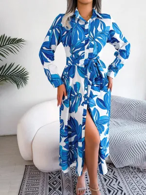 Floral Print Shirt Dress with Tie Waist and Lapel Collar