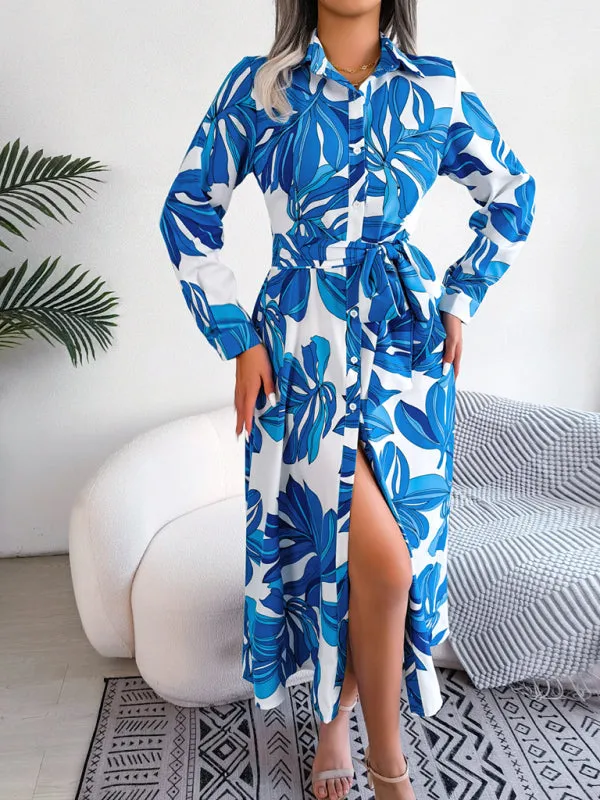 Floral Print Shirt Dress with Tie Waist and Lapel Collar