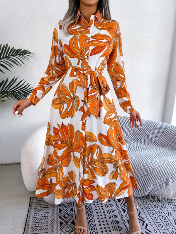 Floral Print Shirt Dress with Tie Waist and Lapel Collar