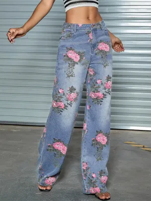 Floral Prints Wide Leg Denim