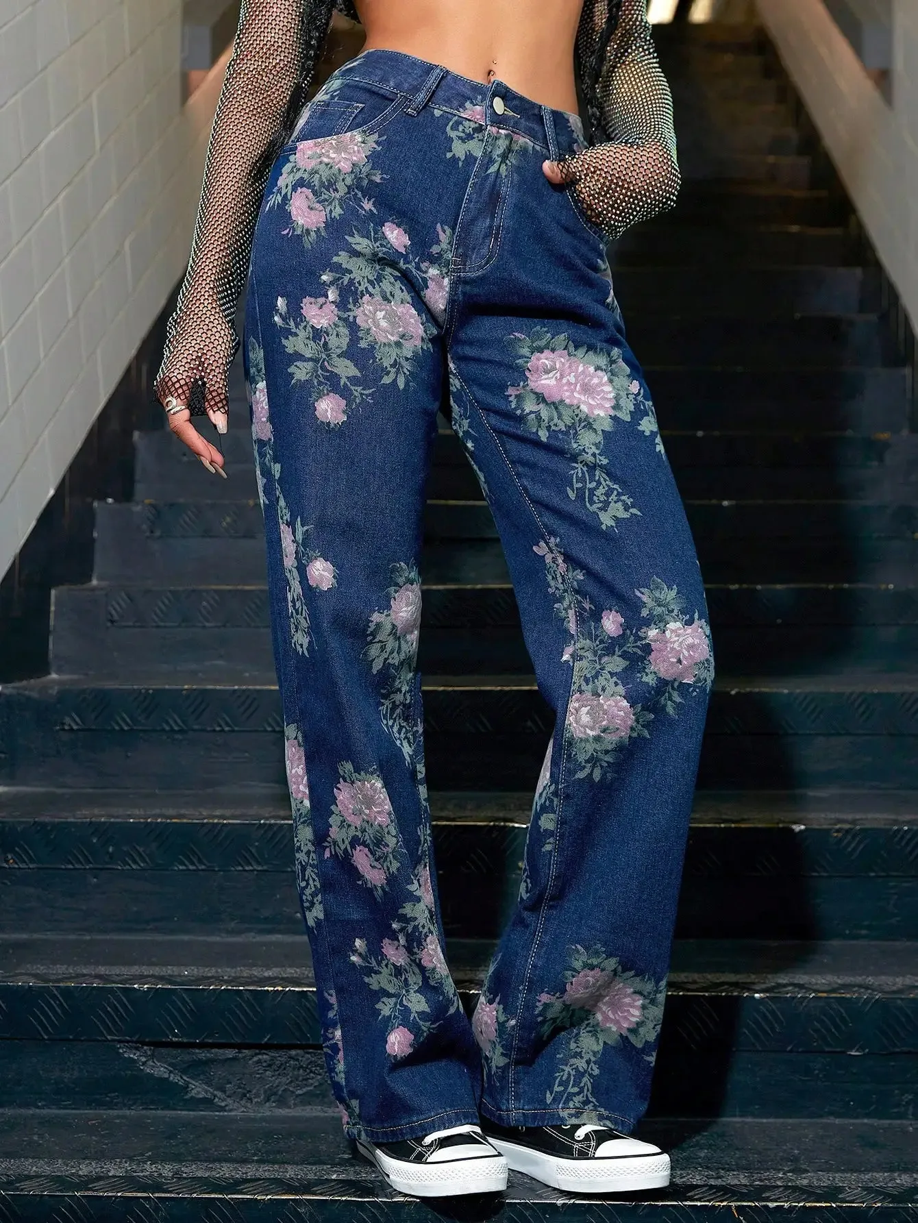 Floral Prints Wide Leg Denim