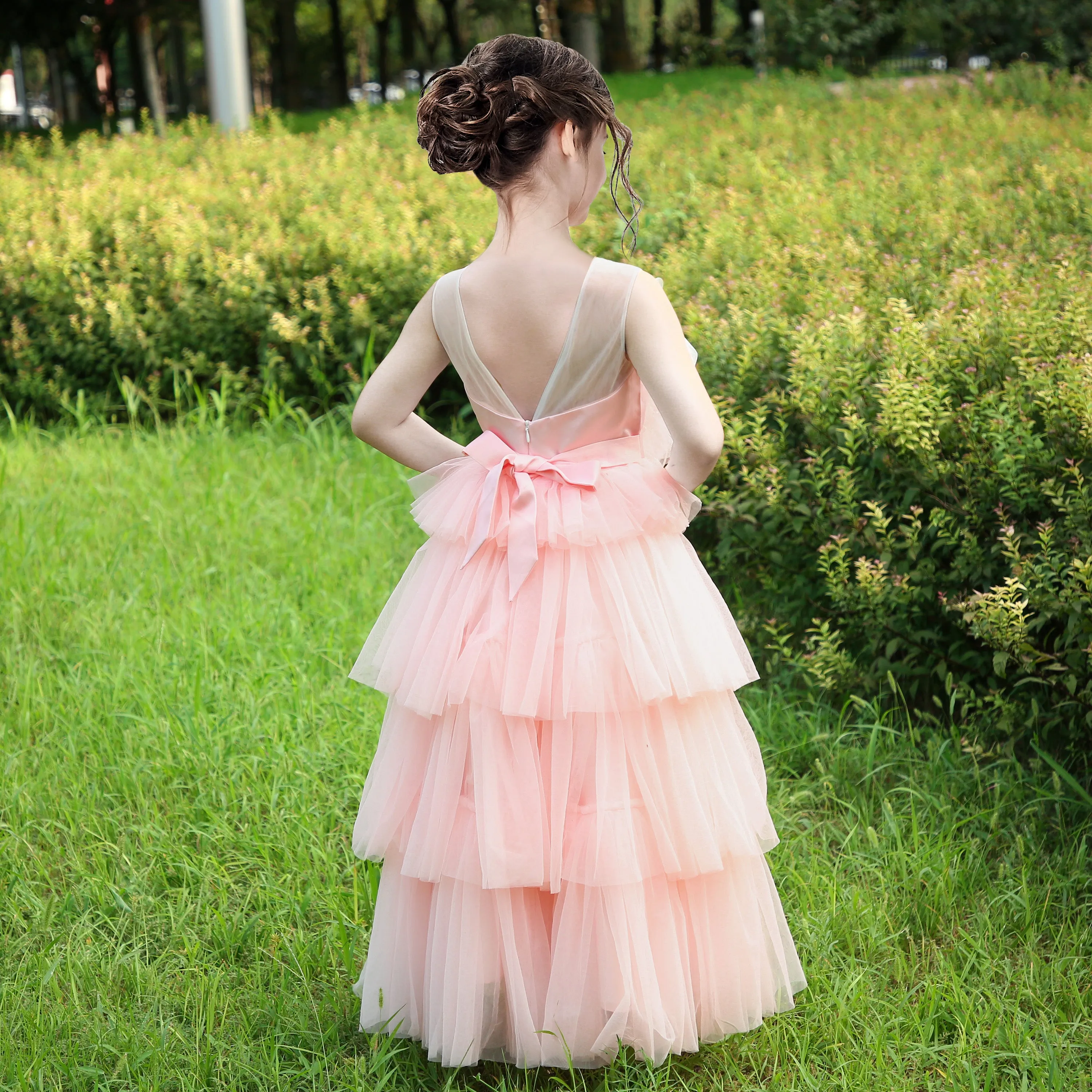 Girls Dress Lace Layered Ruffle Wedding Birthday Hollow Back Size 4-10 Years