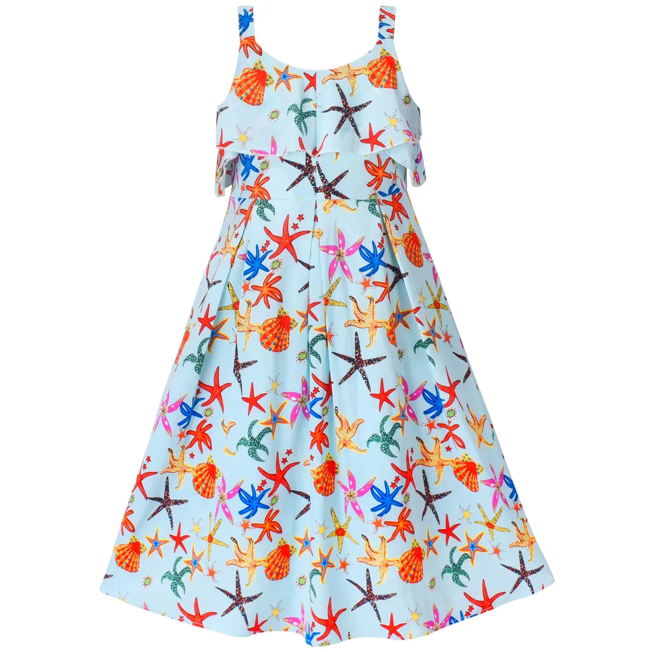 Girls Dress Starfish Sea Shell Spaghetti Multicolor Sleeveless Size 7-14 Years
