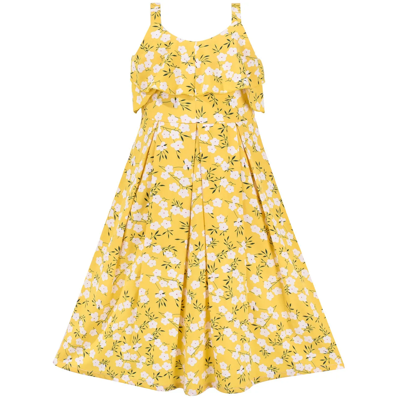 Girls Dress Suspender Chiffon Yellow Floral Ruffle Sundress Sleeveless Size 7-14 Years