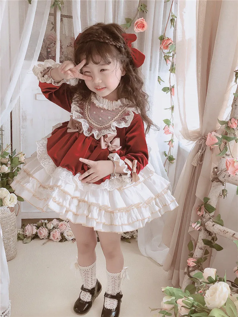 Girl's Lolita Dress Long Sleeved Bowtie Princess Knee-Length Dress for Kids