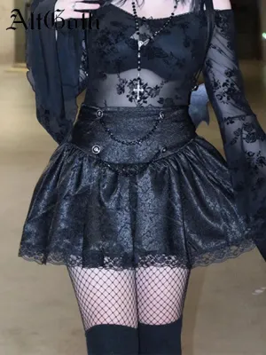 Goth AltGoth Fairycore Grunge Lace Chain High Waist Skirt