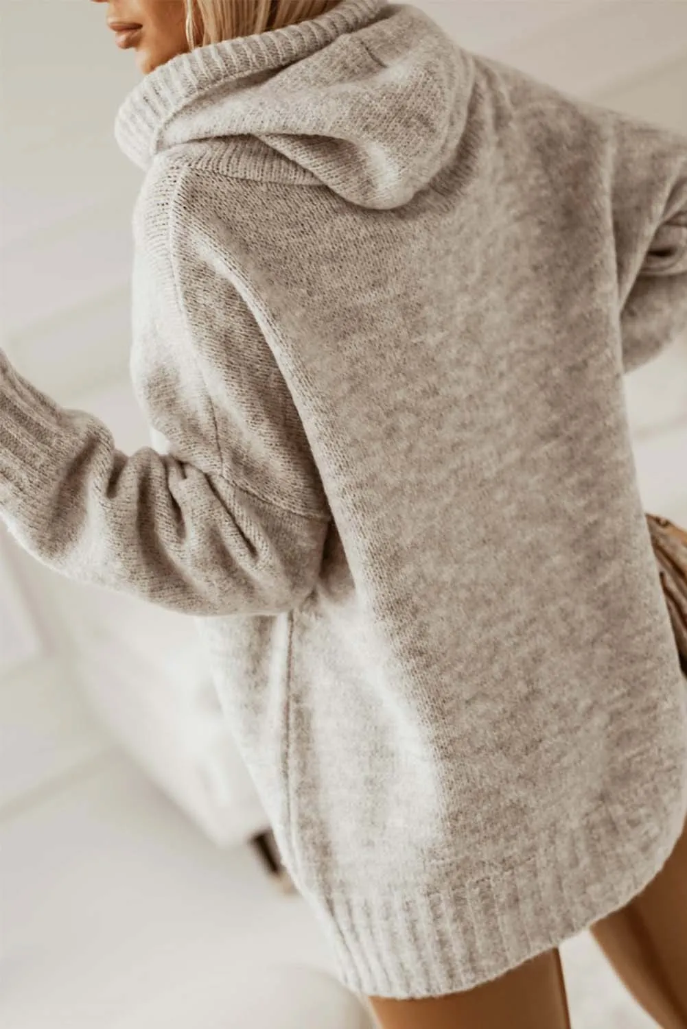 Gray Cowl Neck Drawstring Pullover Hooded Sweater