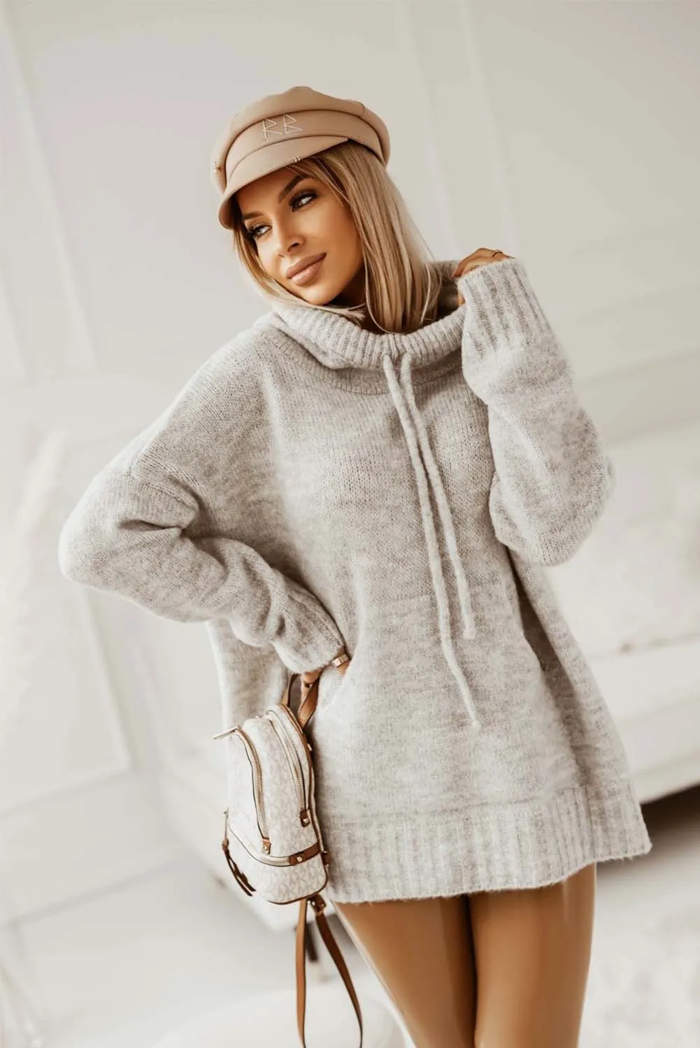 Gray Cowl Neck Drawstring Pullover Hooded Sweater