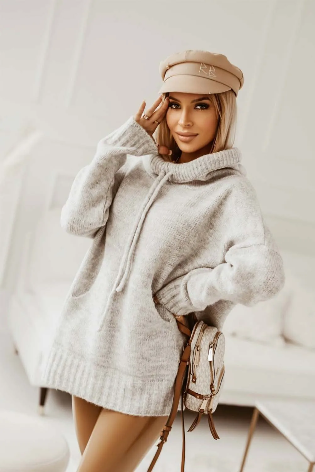 Gray Cowl Neck Drawstring Pullover Hooded Sweater