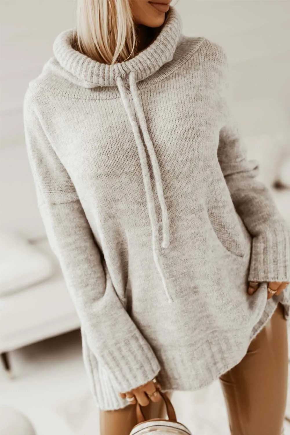 Gray Cowl Neck Drawstring Pullover Hooded Sweater