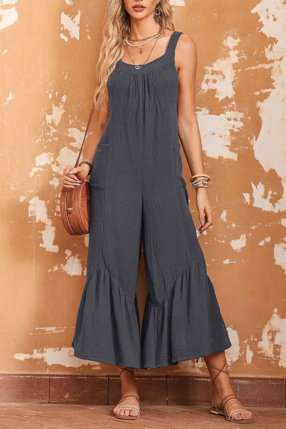 Gray Wide Leg Ruffle Jumpsuit