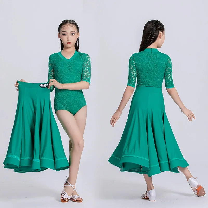 Green Lace Ballroom Dance Dresses for Kids Girls Competition Waltz Tango National Standard Dance Skirts Party Ball Gown Praise Dress for Children