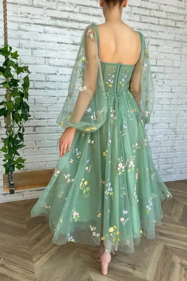 Green Tulle A-line Tea Length Sweetheart Prom Dresses With Embroidery, MP689