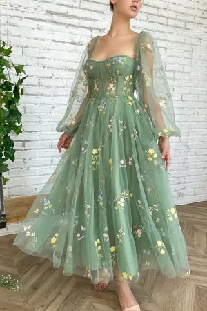 Green Tulle A-line Tea Length Sweetheart Prom Dresses With Embroidery, MP689