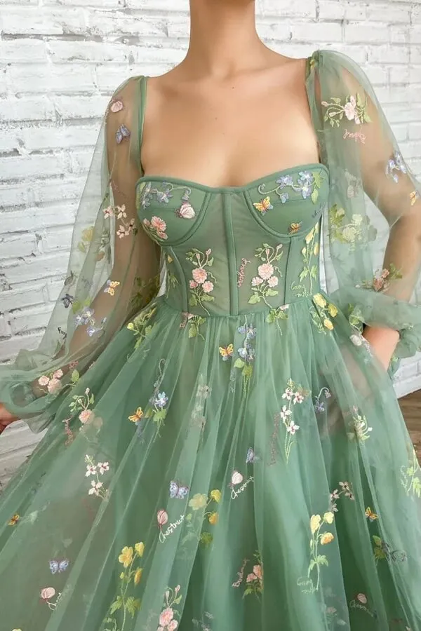 Green Tulle A-line Tea Length Sweetheart Prom Dresses With Embroidery, MP689