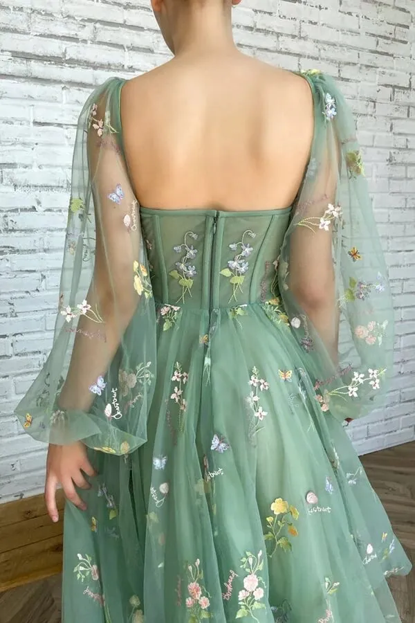 Green Tulle A-line Tea Length Sweetheart Prom Dresses With Embroidery, MP689