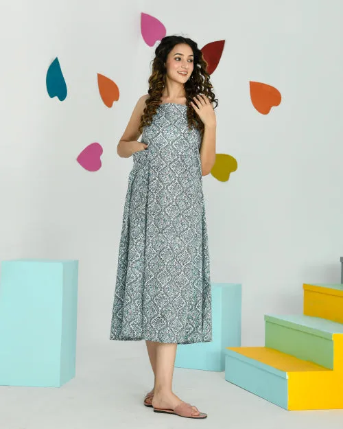 Grey Sleeveless Mid Length Nighty Dress