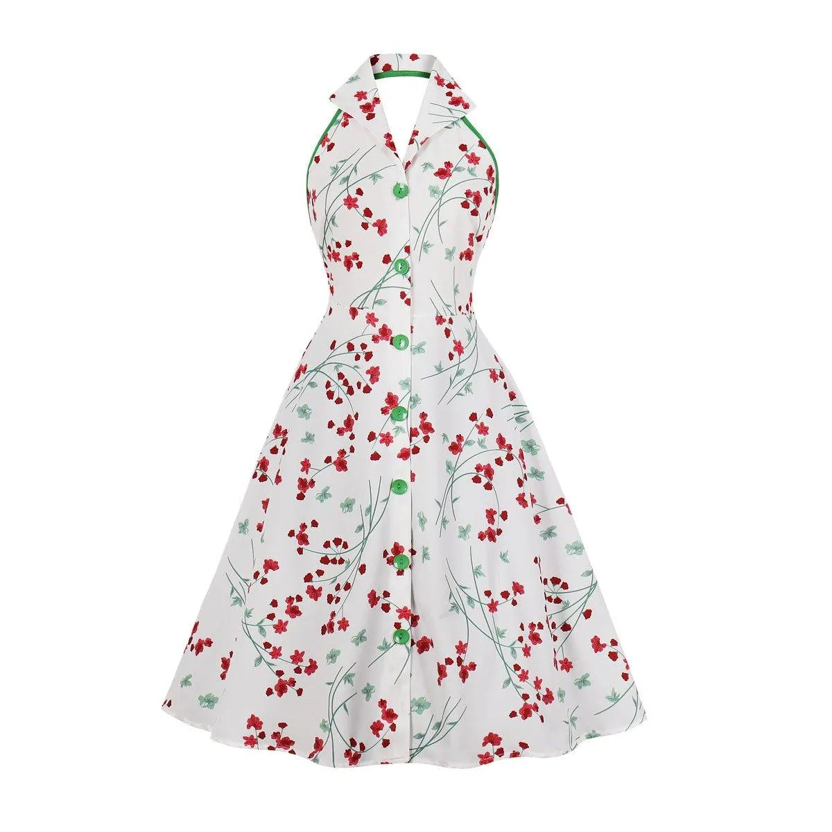 Halter Backless Floral Print Midi Length Dresses