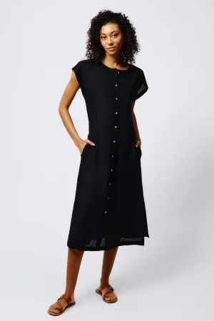 Harlow Cap Sleeve Dress - Black Linen