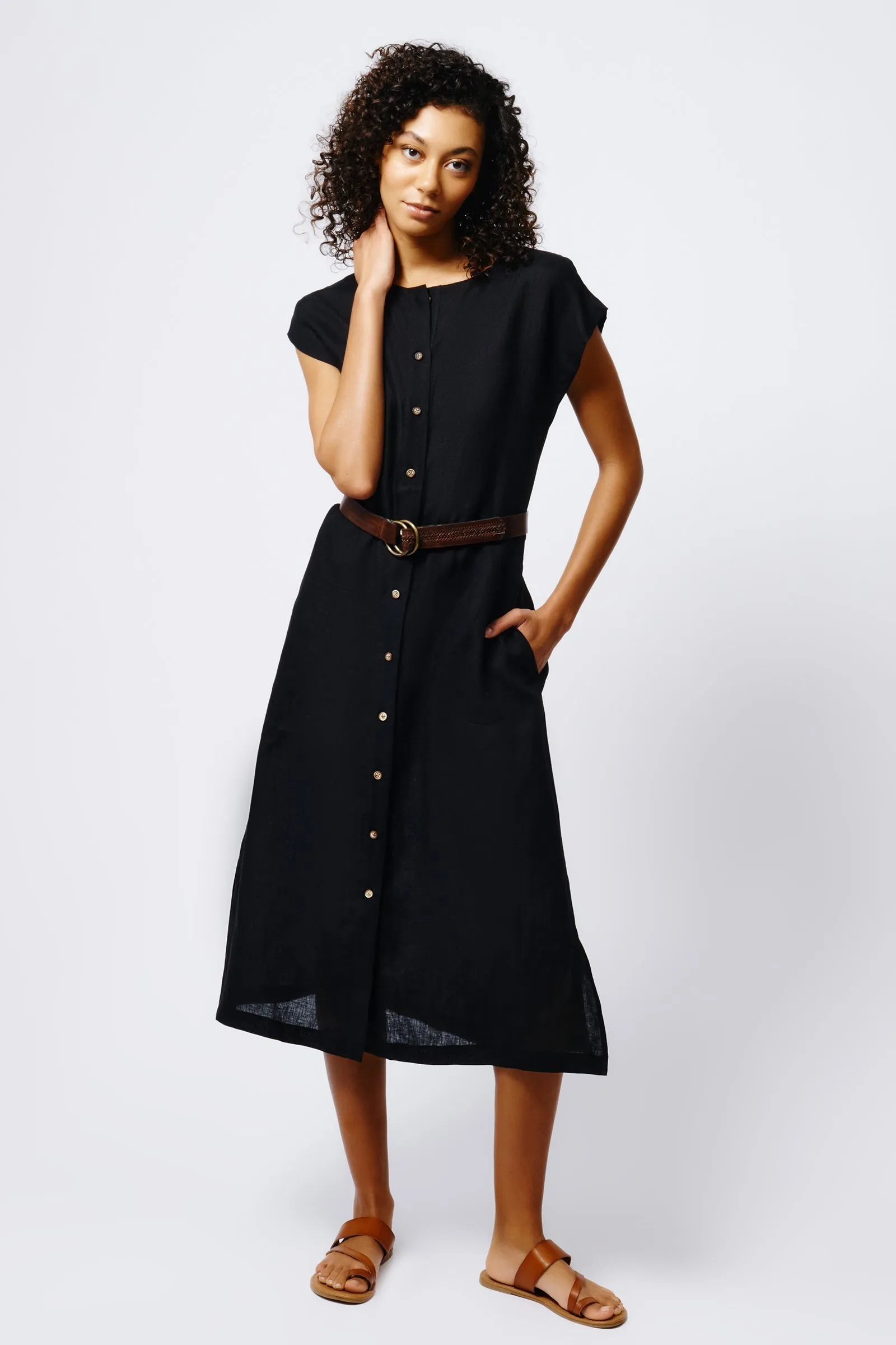 Harlow Cap Sleeve Dress - Black Linen