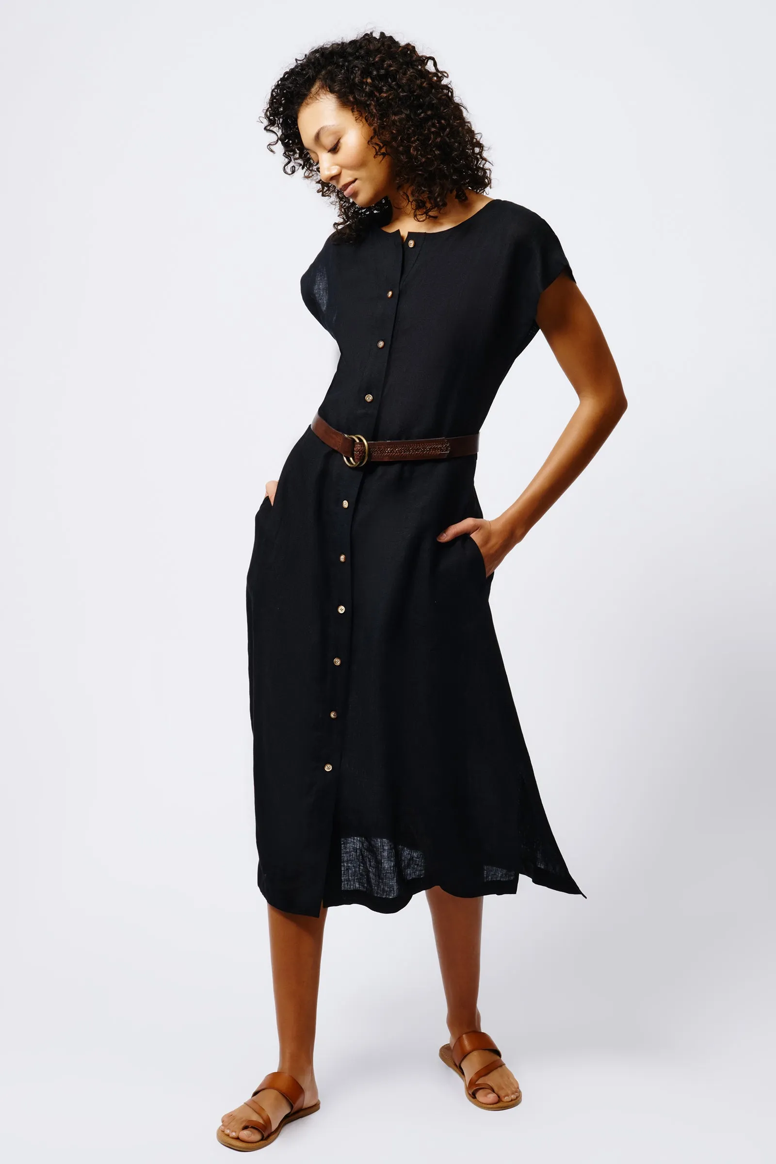 Harlow Cap Sleeve Dress - Black Linen