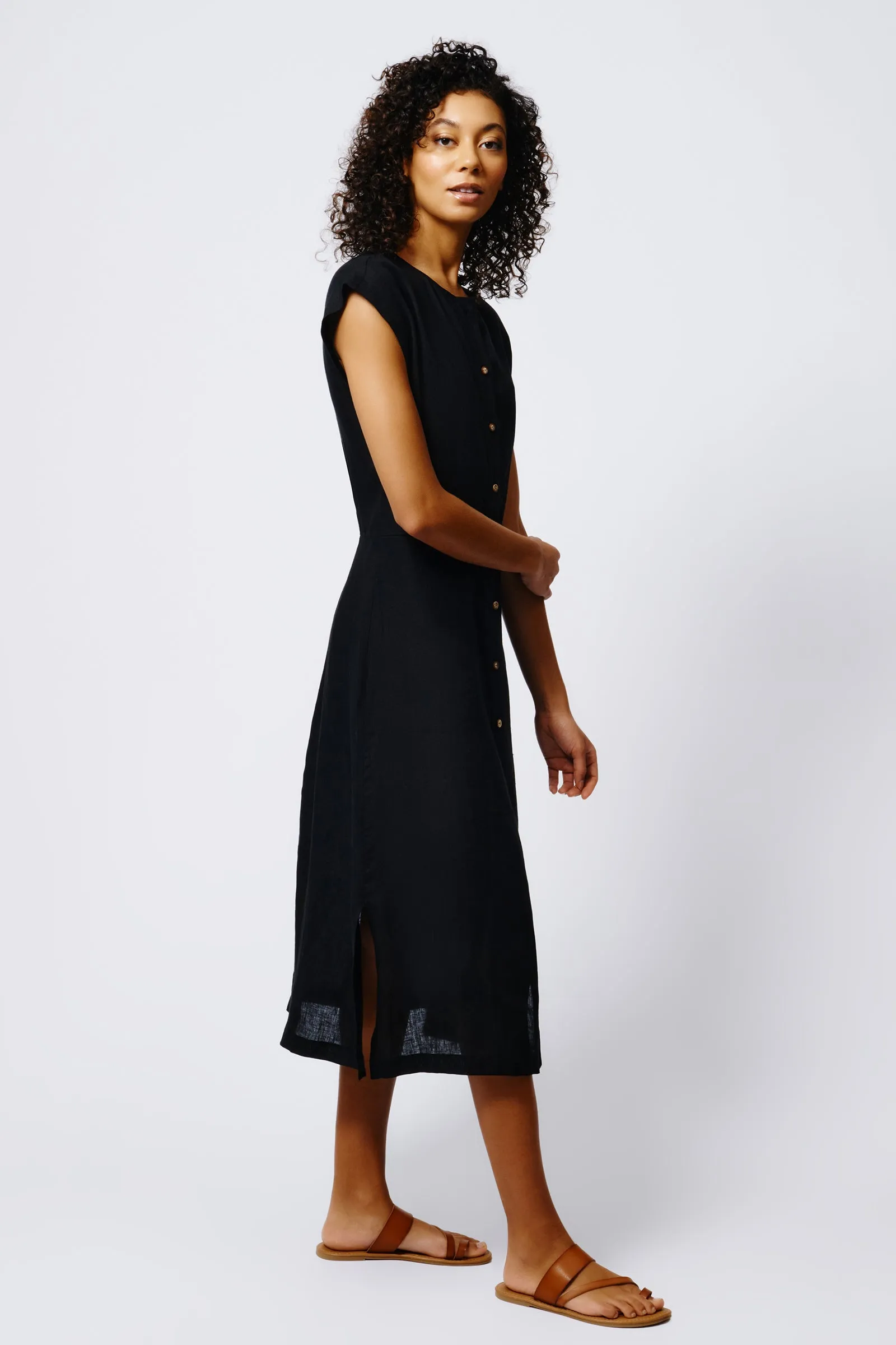 Harlow Cap Sleeve Dress - Black Linen