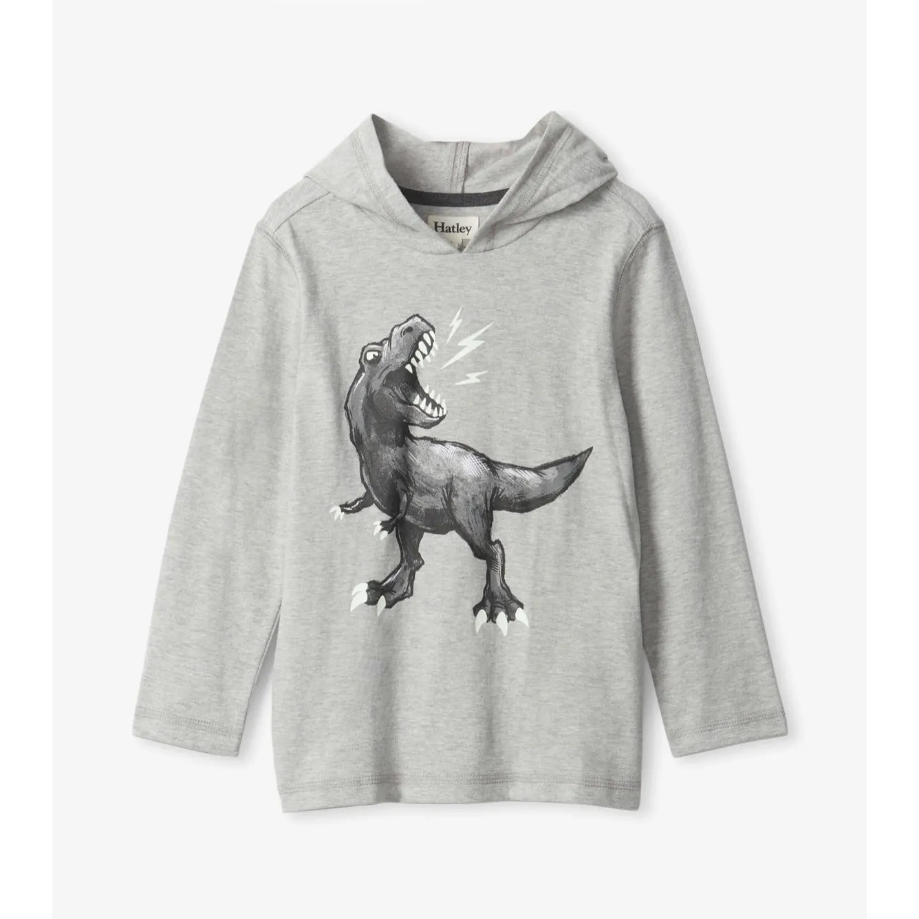 Hatley Dino Long Sleeve Hoodie Tee - Athletic Grey Melange