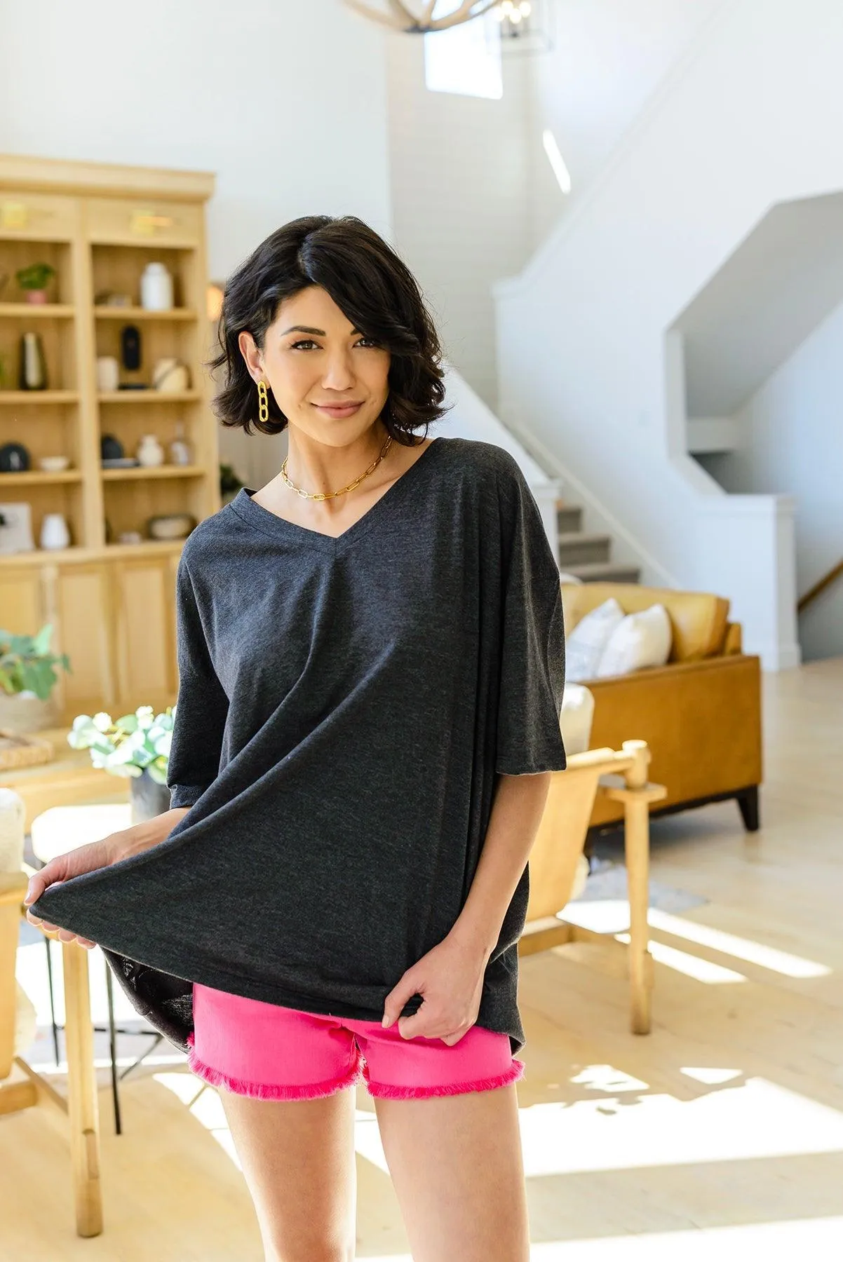 Hazel Blues® | Boxy V Neck Boyfriend Tee In Charcoal