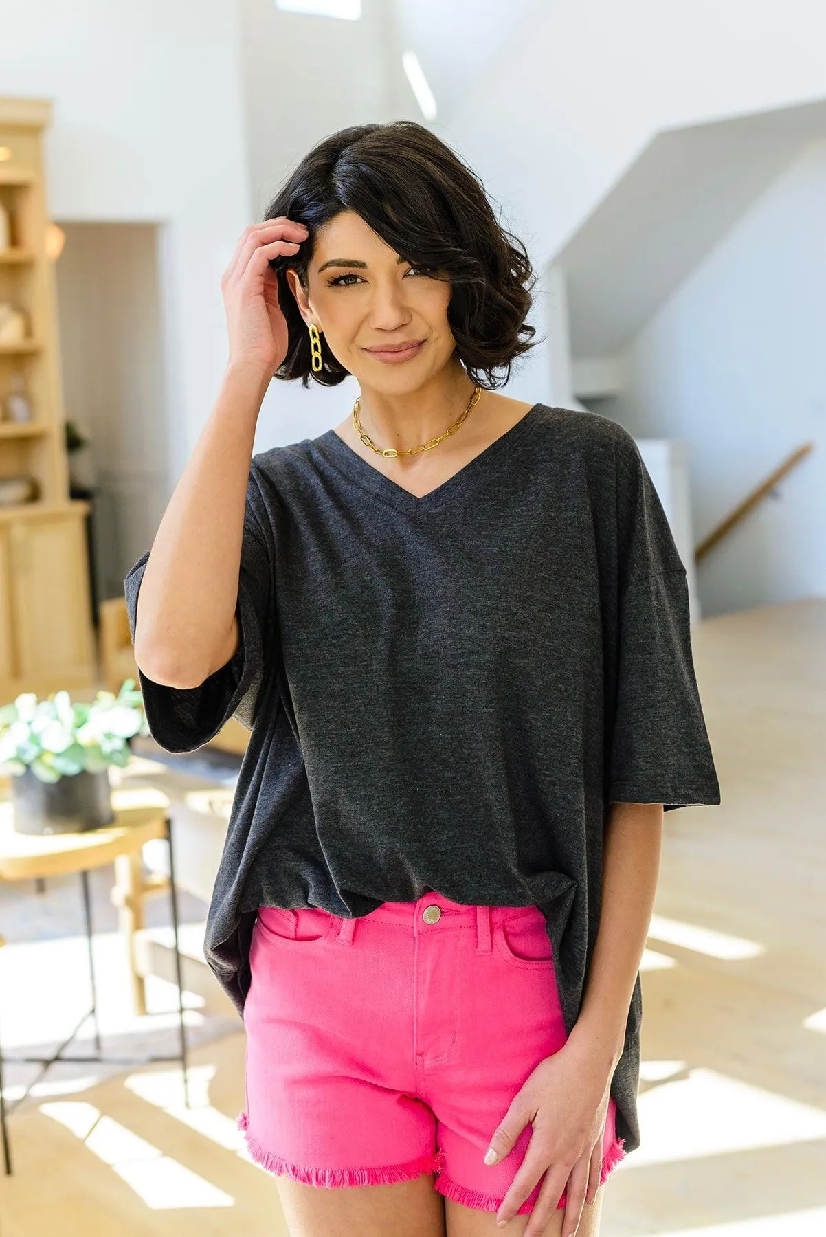 Hazel Blues® | Boxy V Neck Boyfriend Tee In Charcoal