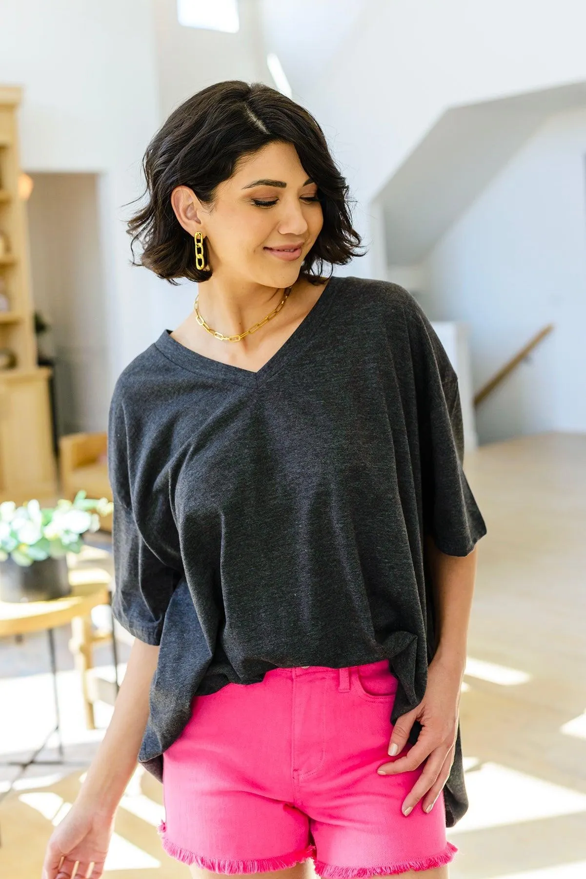 Hazel Blues® | Boxy V Neck Boyfriend Tee In Charcoal