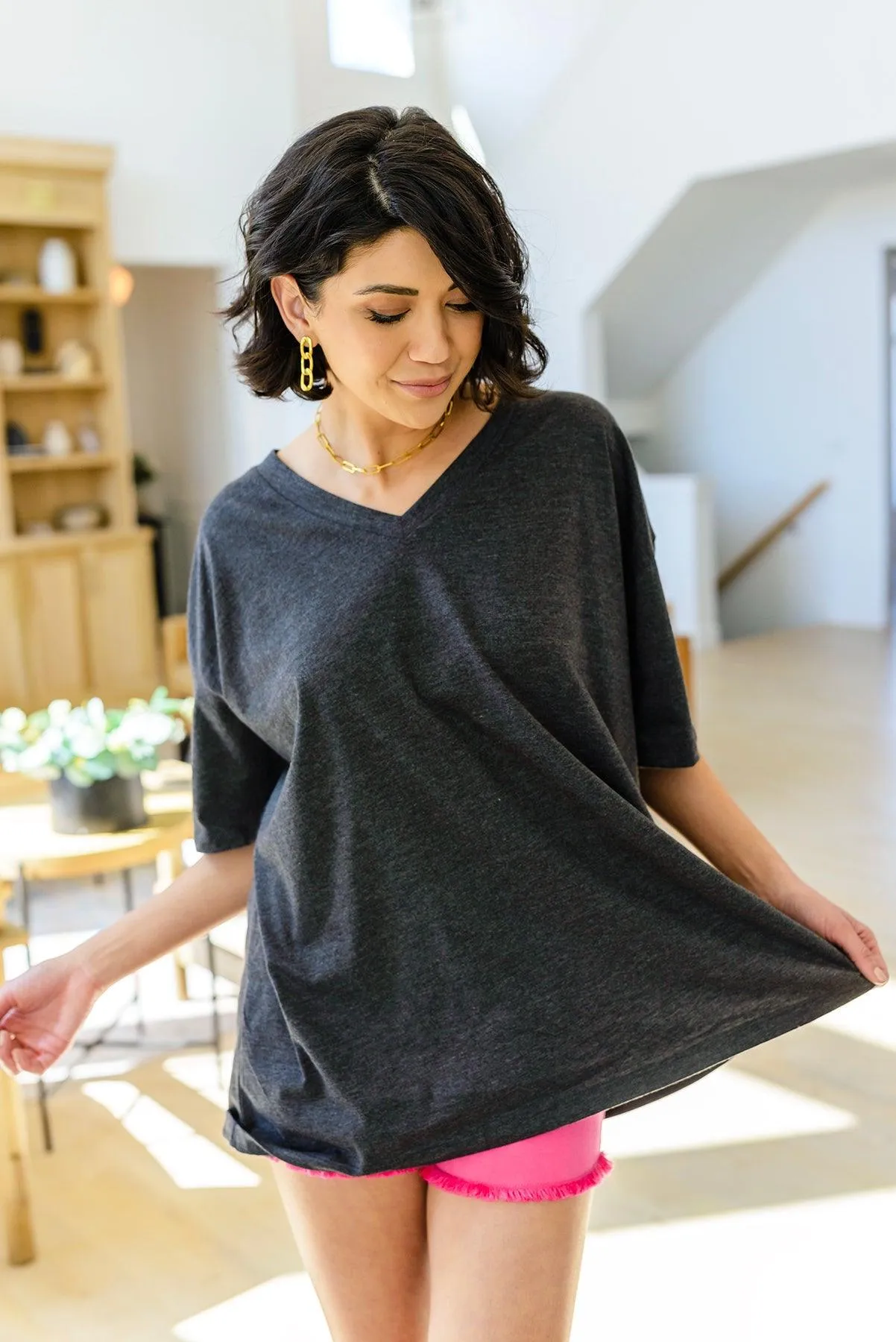 Hazel Blues® | Boxy V Neck Boyfriend Tee In Charcoal