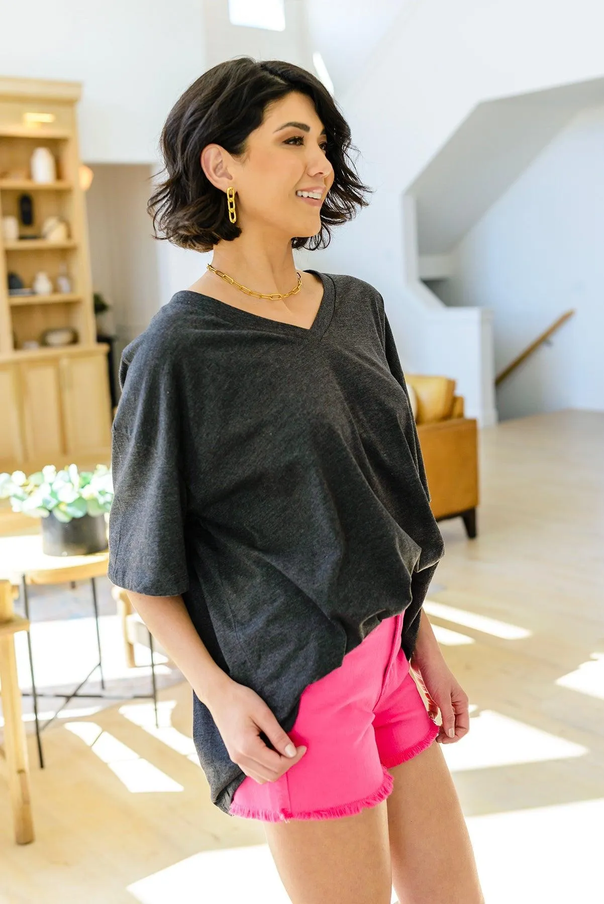 Hazel Blues® | Boxy V Neck Boyfriend Tee In Charcoal