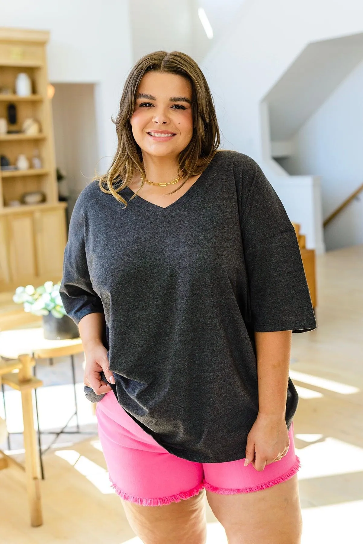 Hazel Blues® | Boxy V Neck Boyfriend Tee In Charcoal