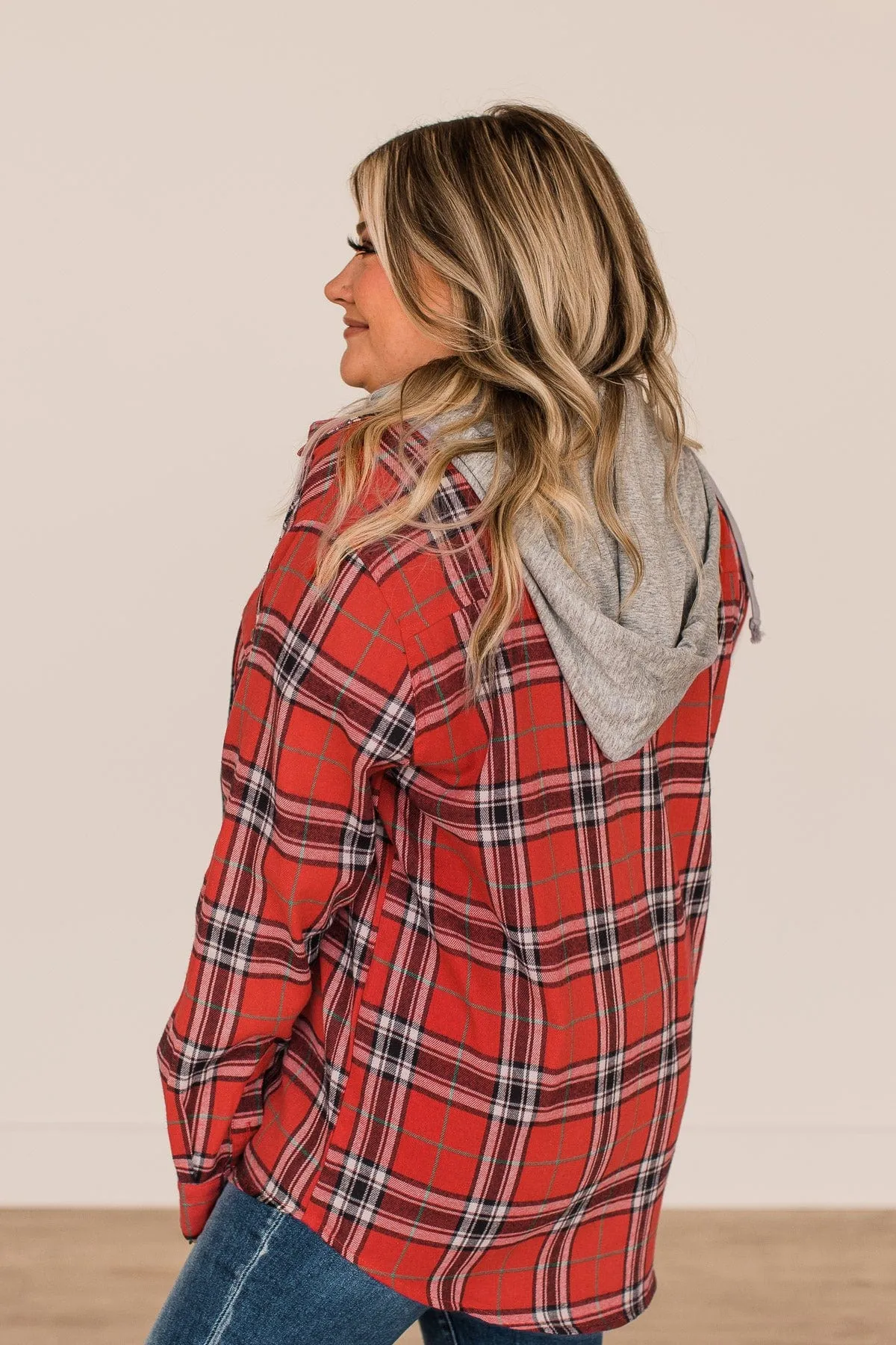 Heartfelt Serenades Hooded Plaid Top- Red