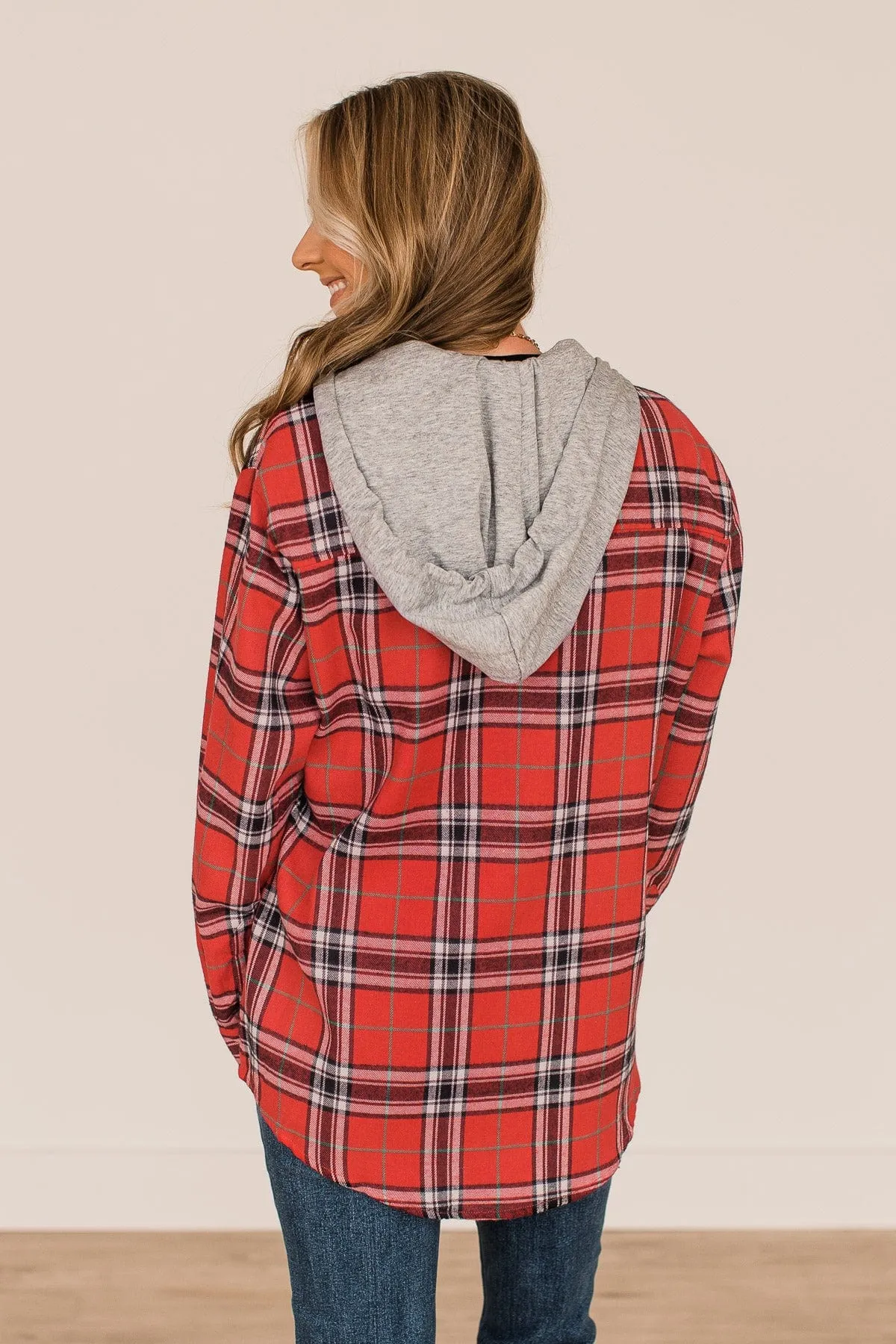Heartfelt Serenades Hooded Plaid Top- Red